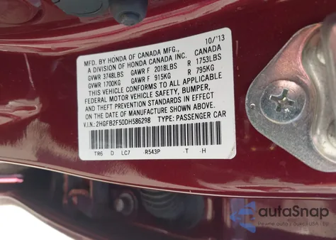 2013 Honda Civic Lx from USA, damaged, VIN 2HGFB2F50DH586298